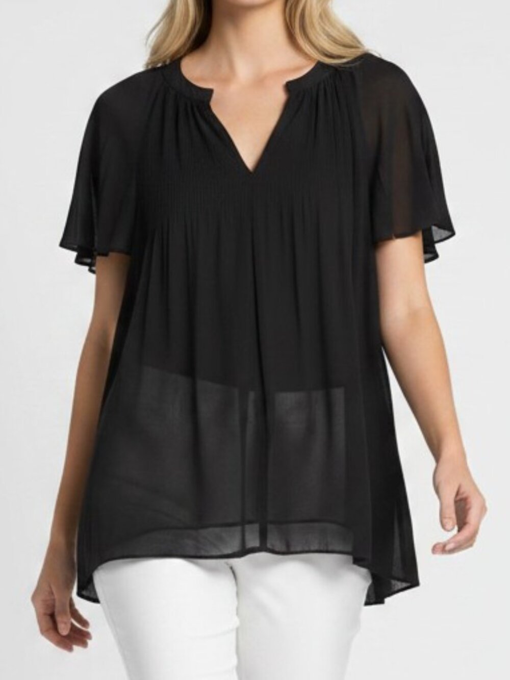 Philosophy Black Chiffon Overlay Blouse Women's Large Flutter Sleeve Pleated Top